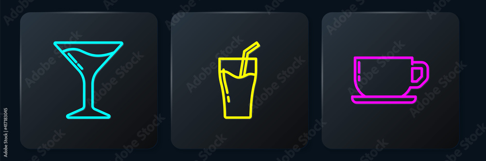 Set line Martini glass, Coffee cup and Glass juice. Black square button. Vector.