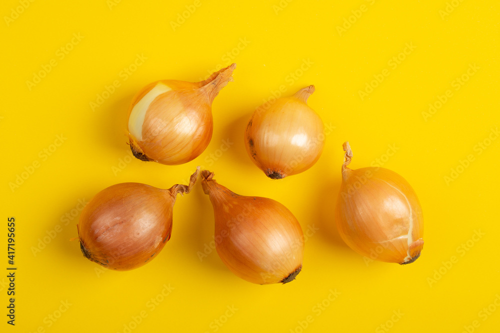 Fresh organiс onions on yellow background. Vegetables. Healthy food concept