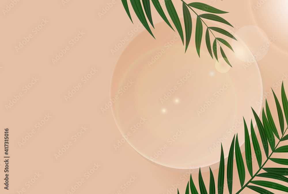 3D Realistic Background with podium and palm leaves. Design Template for Fashion Cosmetics Product. 