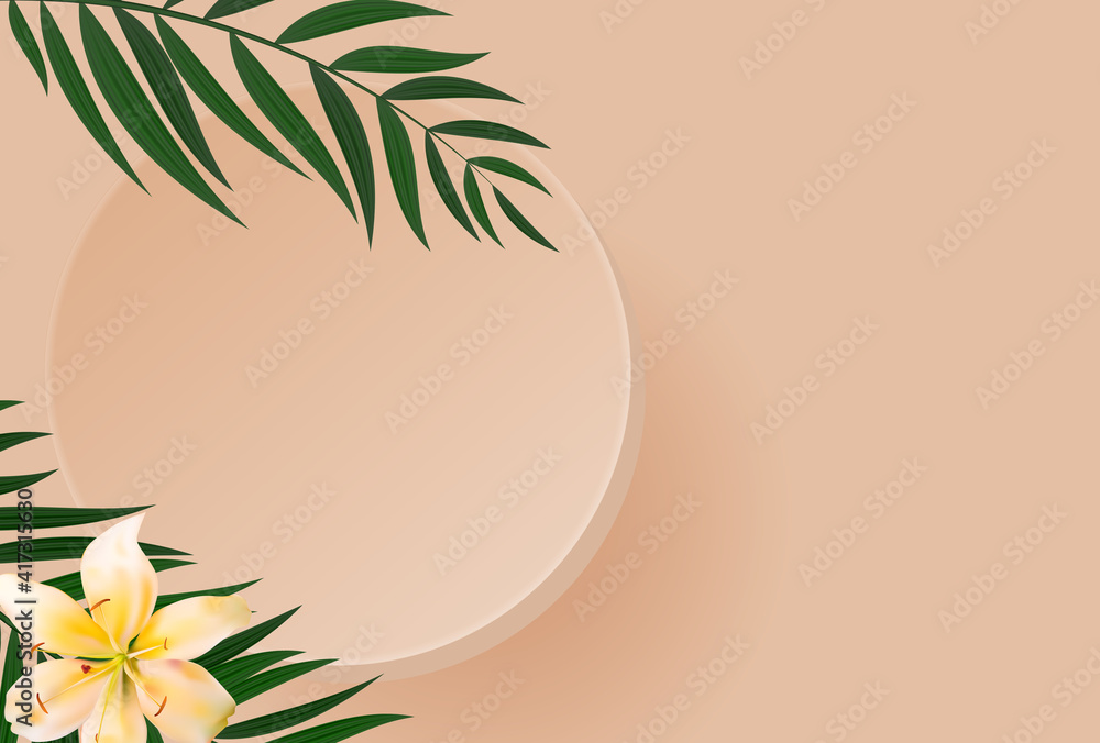 3D Realistic Background with podium and palm leaves. Design Template for Fashion Cosmetics Product. 