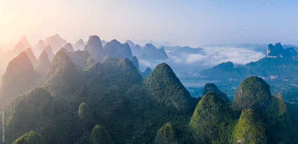 Guilin,Guangxi,China karst mountains on the Li River.Aerial view.