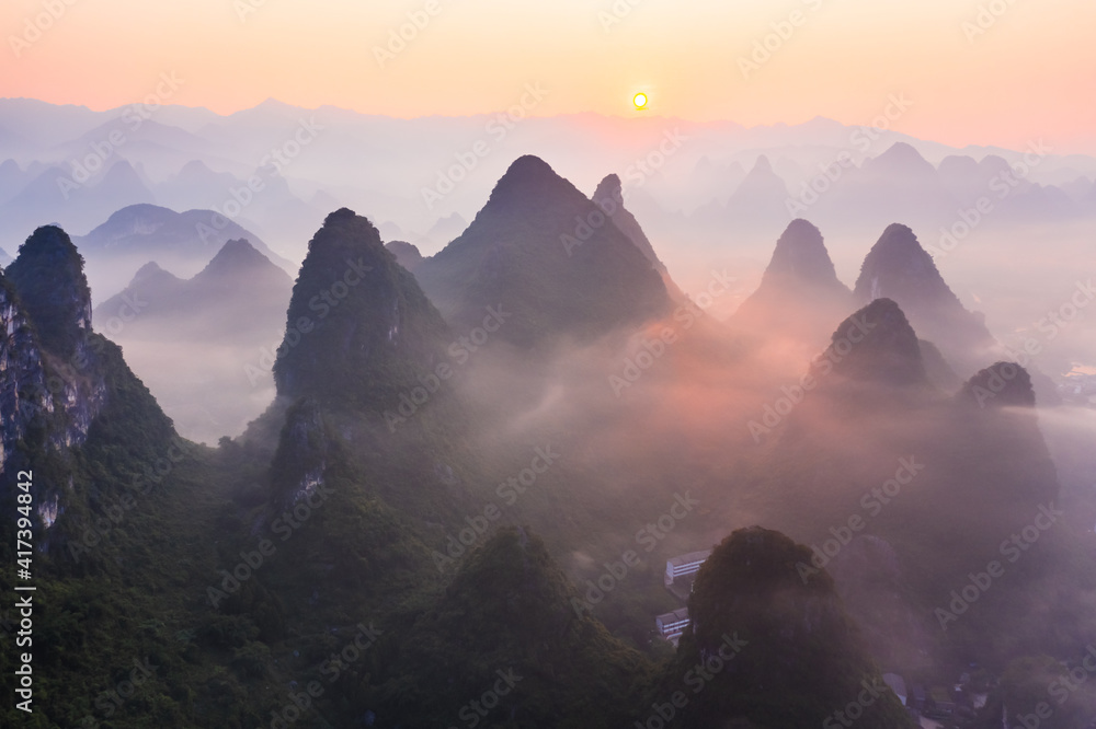 Guilin,Guangxi,China karst mountains on the Li River.Aerial view.