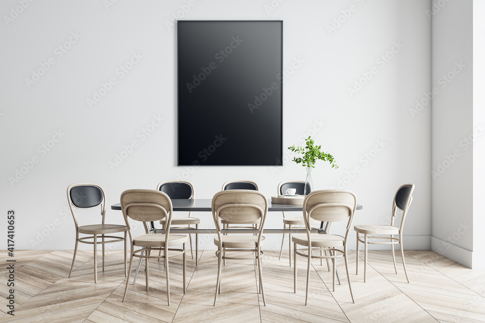 Blank black poster with copyspace for your logo on light wall in modern leaving room with wooden fur