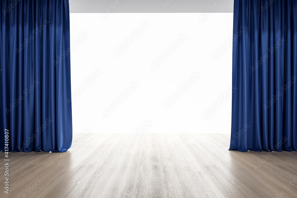 Empty stage with wooden floor and blue curtains on the sides