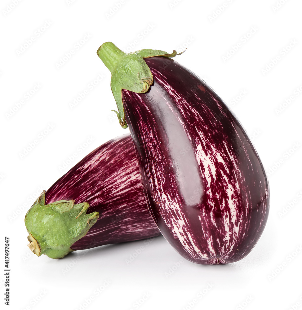 Fresh eggplants on white background