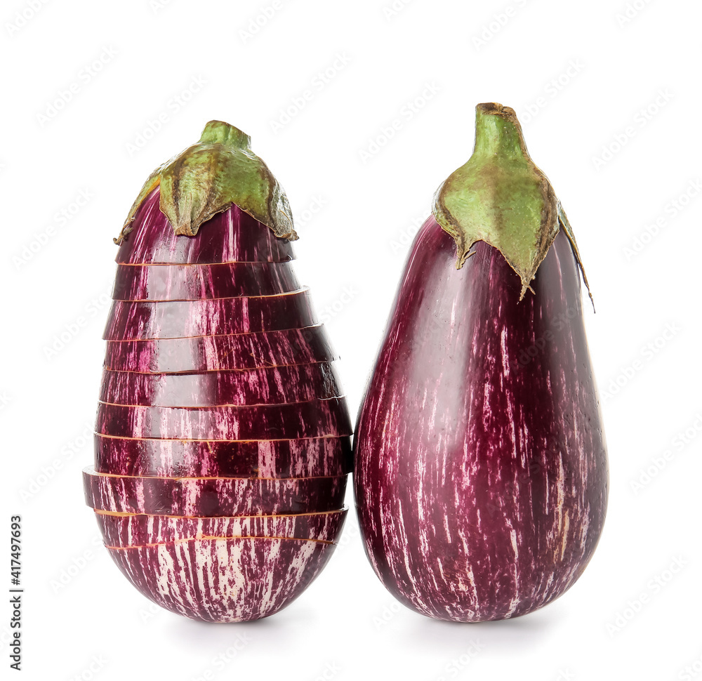 Fresh eggplants on white background