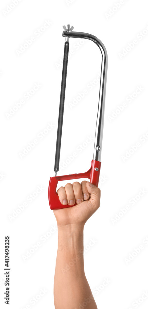 Hacksaw in male hand on white background