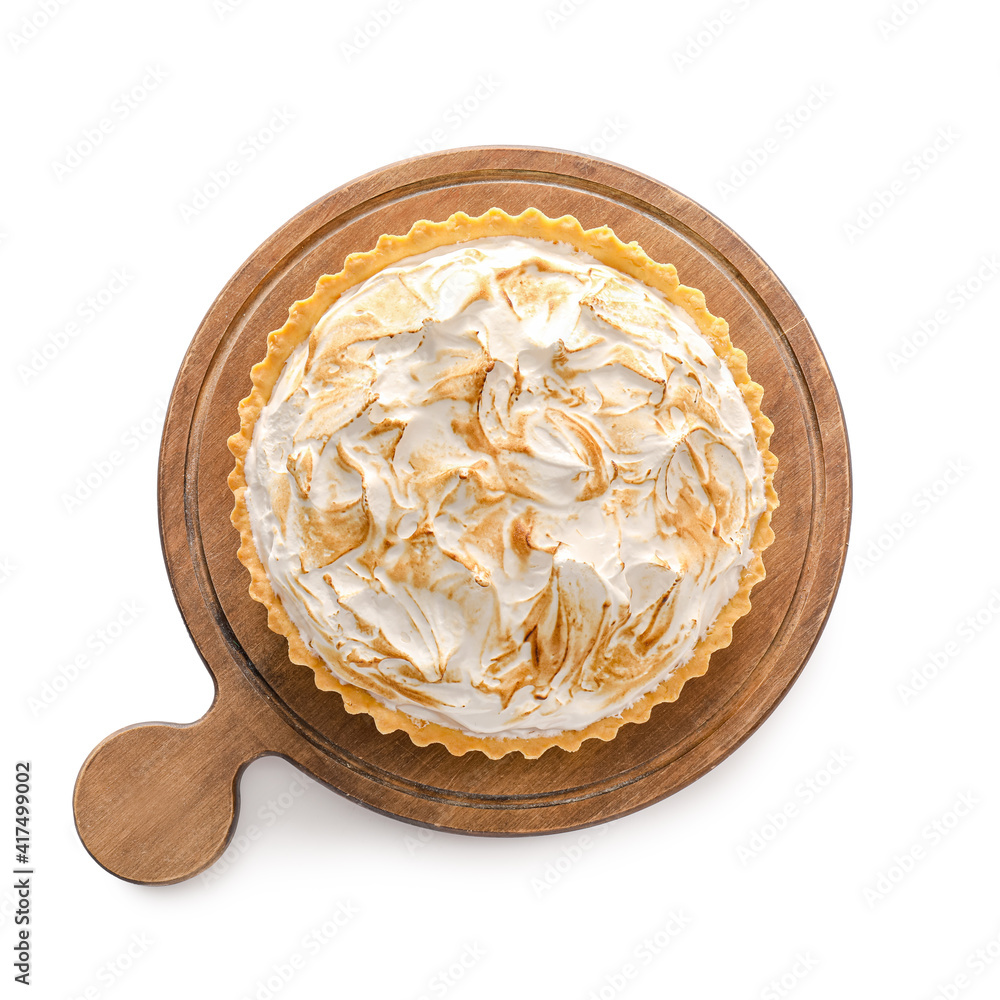 Board with tasty coconut pie on white background