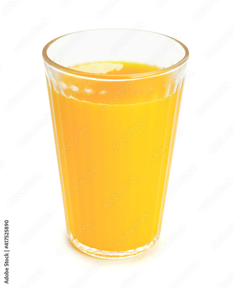 Glass of fresh mango juice on white background