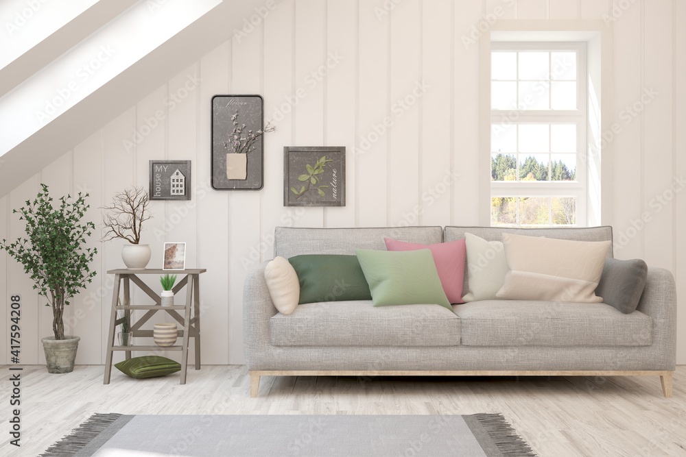 White living room with sofa. Scandinavian interior design. 3D illustration