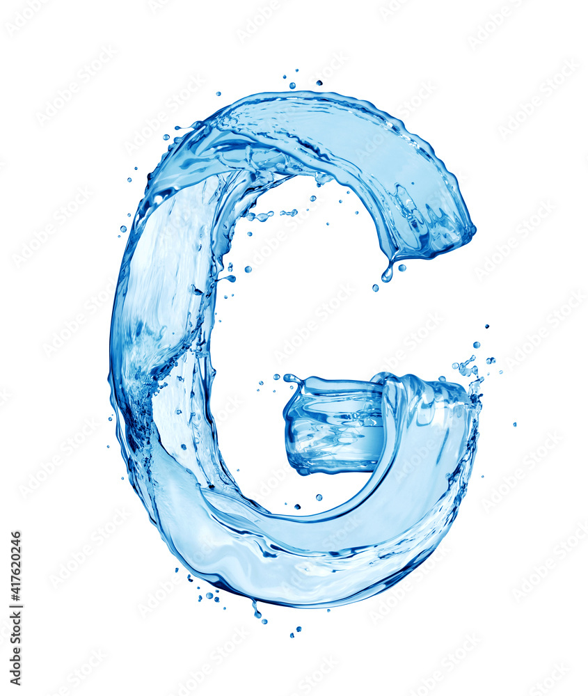 Latin letter G made of water splashes, isolated on a white background