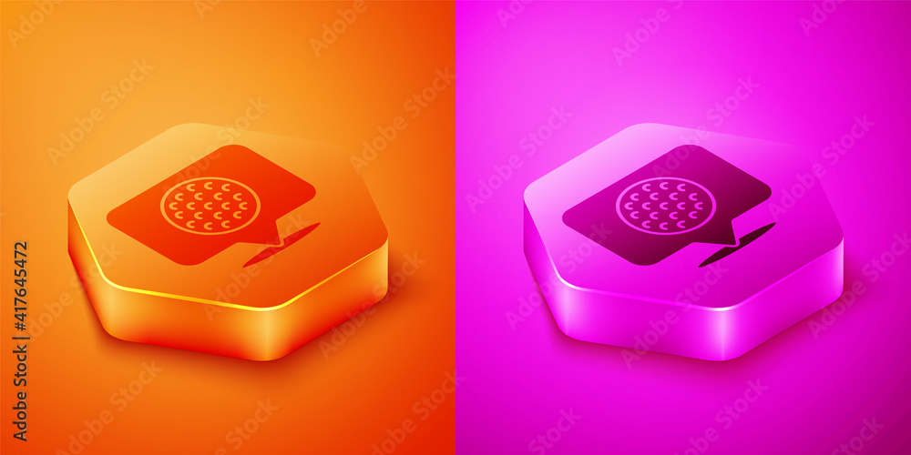 Isometric Golf label icon isolated on orange and pink background. Hexagon button. Vector.