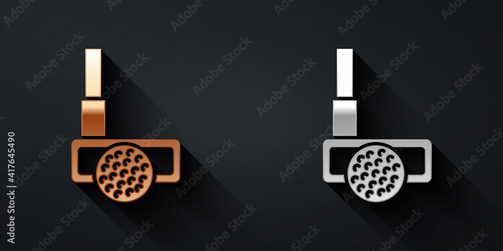 Gold and silver Golf club with ball icon isolated on black background. Long shadow style. Vector.