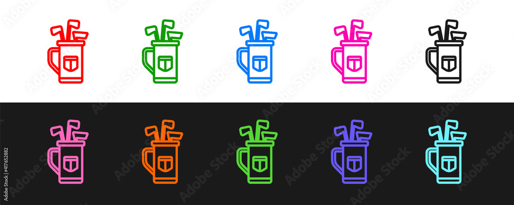 Set line Golf bag with clubs icon isolated on black and white background. Vector.