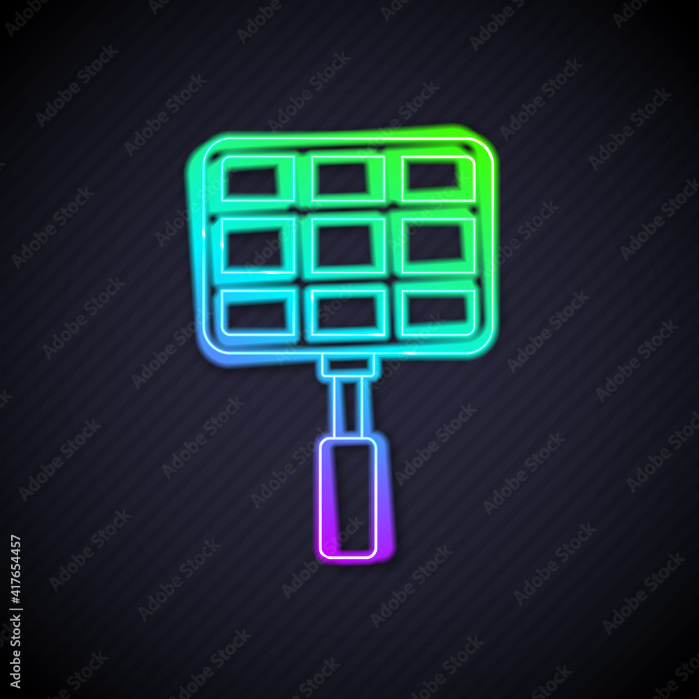 Glowing neon line Barbecue steel grid icon isolated on black background. Top view of BBQ grill. Wire