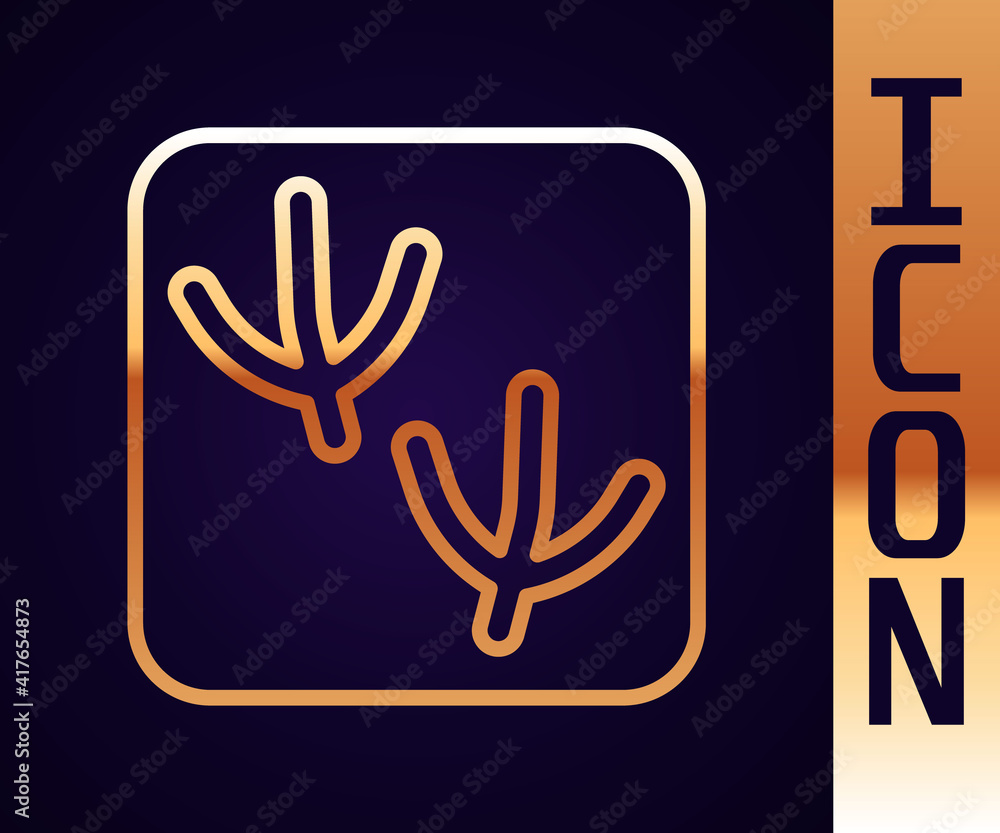 Gold line Dove paw footprint icon isolated on black background. Vector.