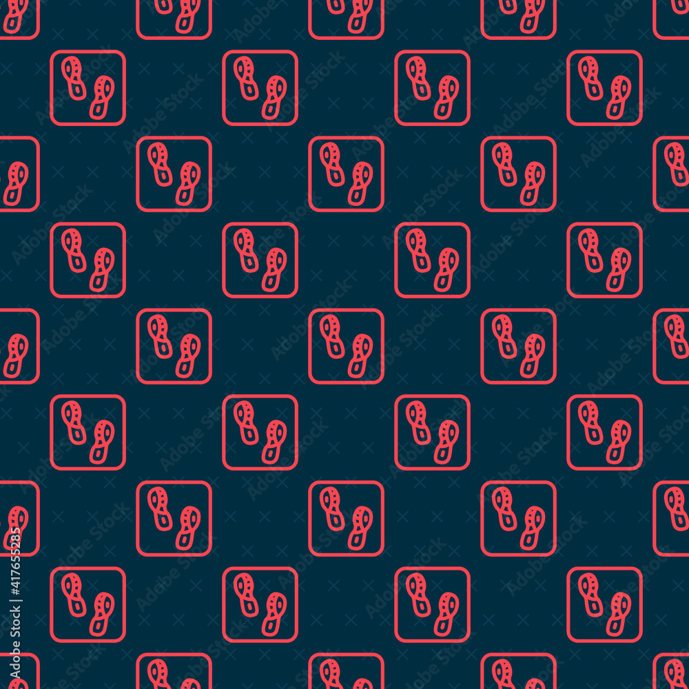 Red line Human footprints shoes icon isolated seamless pattern on black background. Shoes sole. Vect