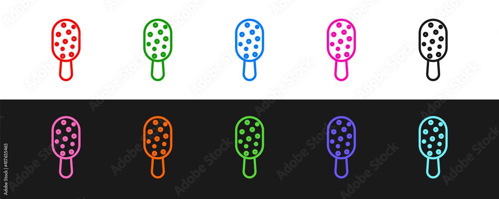 Set line Ice cream on stick icon isolated on black and white background. Sweet symbol. Vector.