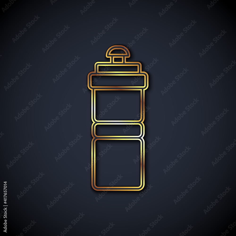 Gold line Sport bottle with water icon isolated on black background. Vector.