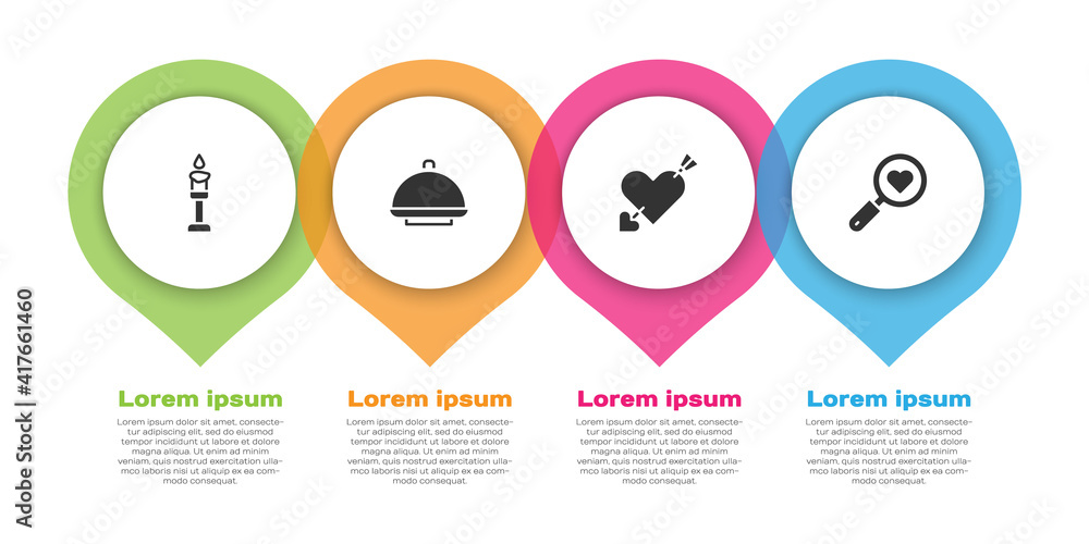 Set Burning candle, Covered with tray, Amour heart arrow and Search love. Business infographic templ