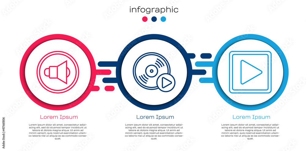 设置扬声器音量、乙烯基盘和正方形播放。商业信息图模板。矢量。
