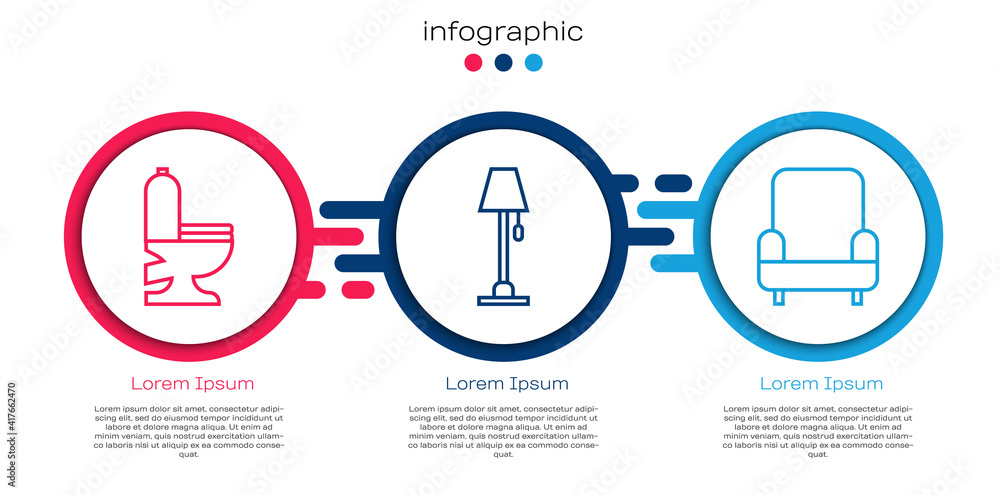 Set line Toilet bowl, Floor lamp and Armchair. Business infographic template. Vector.