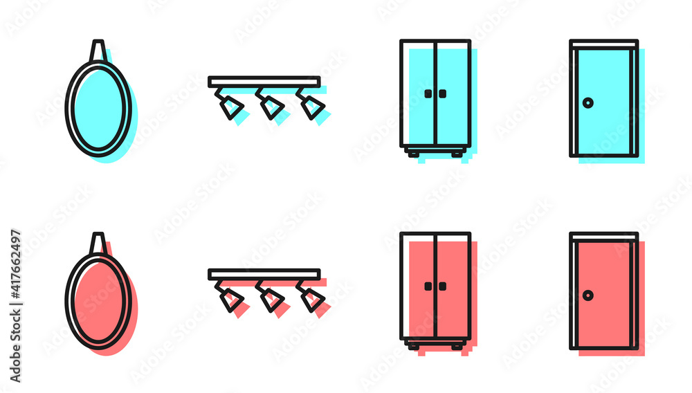 Set line Wardrobe, Mirror, Led track lights and lamps and Closed door icon. Vector.