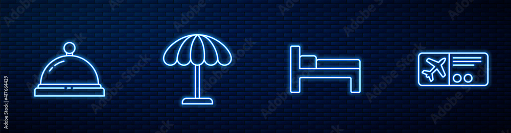 Set line Bed, Hotel service bell, Sun protective umbrella for beach and Airline ticket. Glowing neon