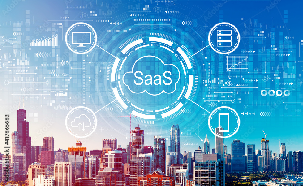 SaaS——芝加哥市中心城市景观摩天大楼的软件即服务概念