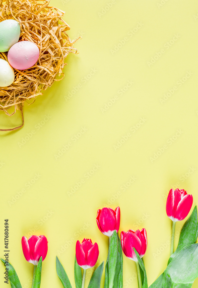 Easter concept on yellow background top view mockup