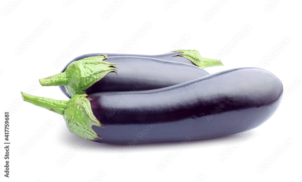 Fresh eggplants on white background