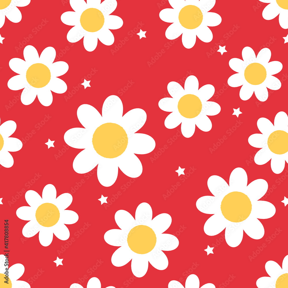 Seamless pattern with daisy flower and stars on red background vector illustration.