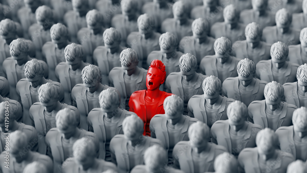 One Red standing Men screaming among Large Crowd grey people. 3d rendering