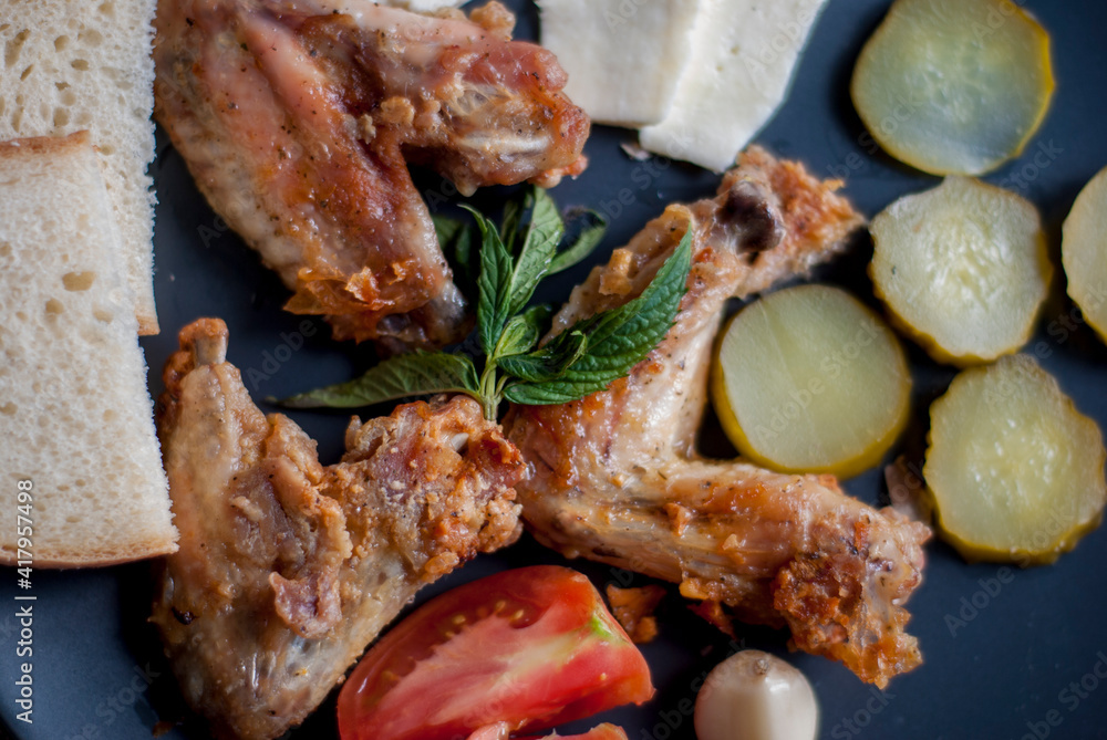 Sliced ​​bread meat and vegetables close-up.