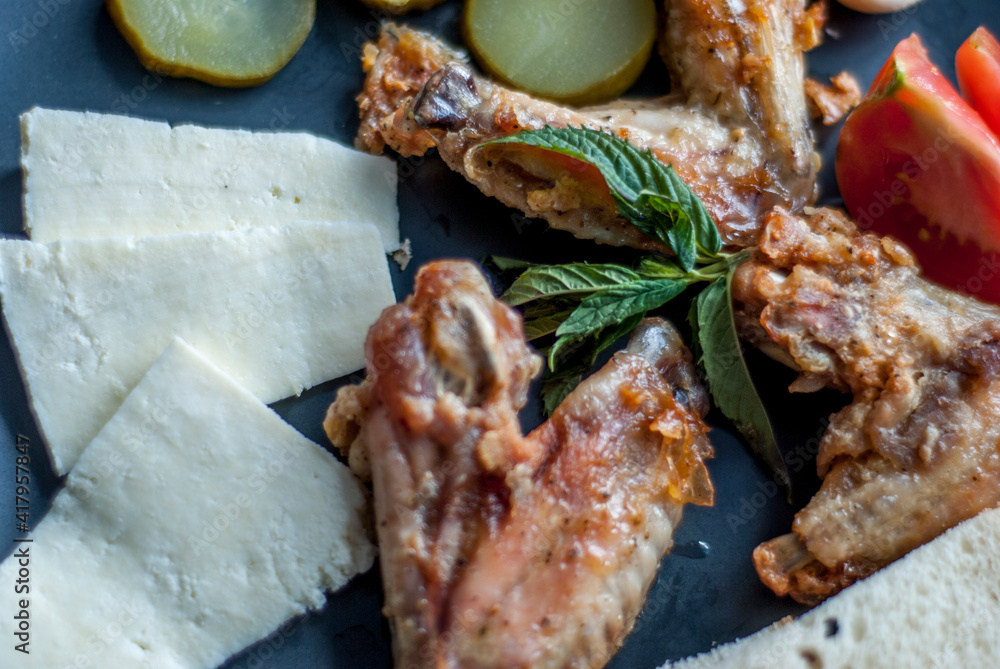 Sliced ​​bread meat and vegetables close-up.