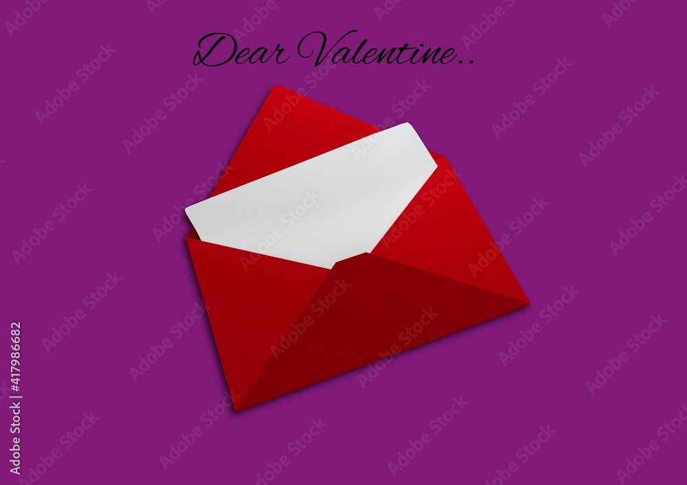 Dear valentine text with letter in red envelope on purple background