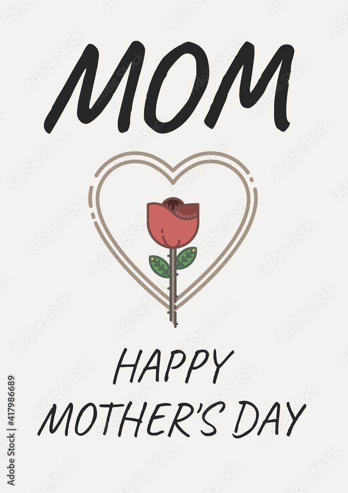 Mom happy mothers day text with red flower and heart on white background