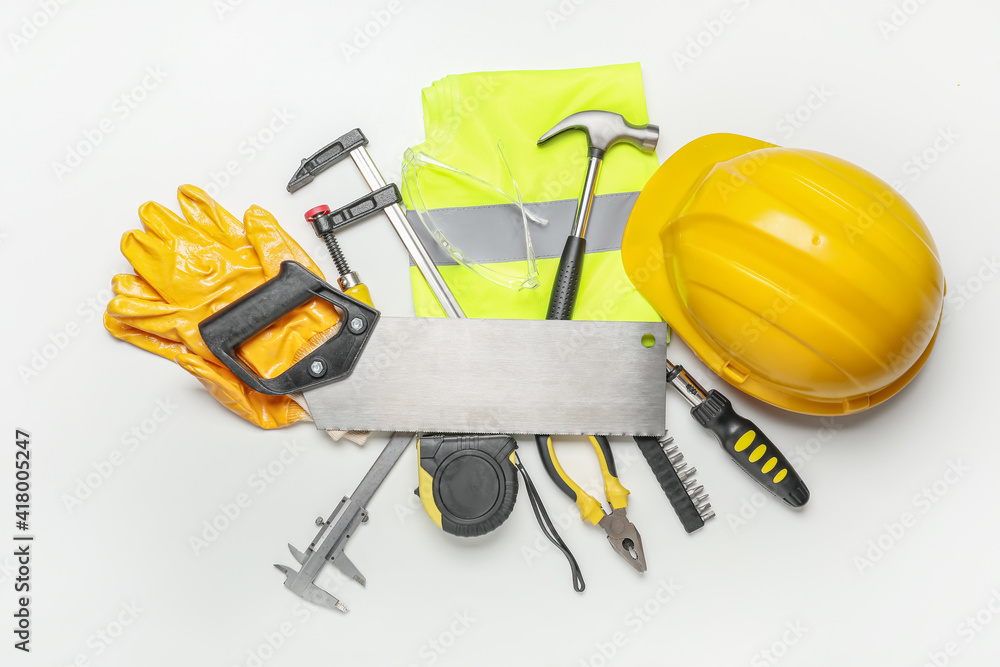 Set of construction tools on white background