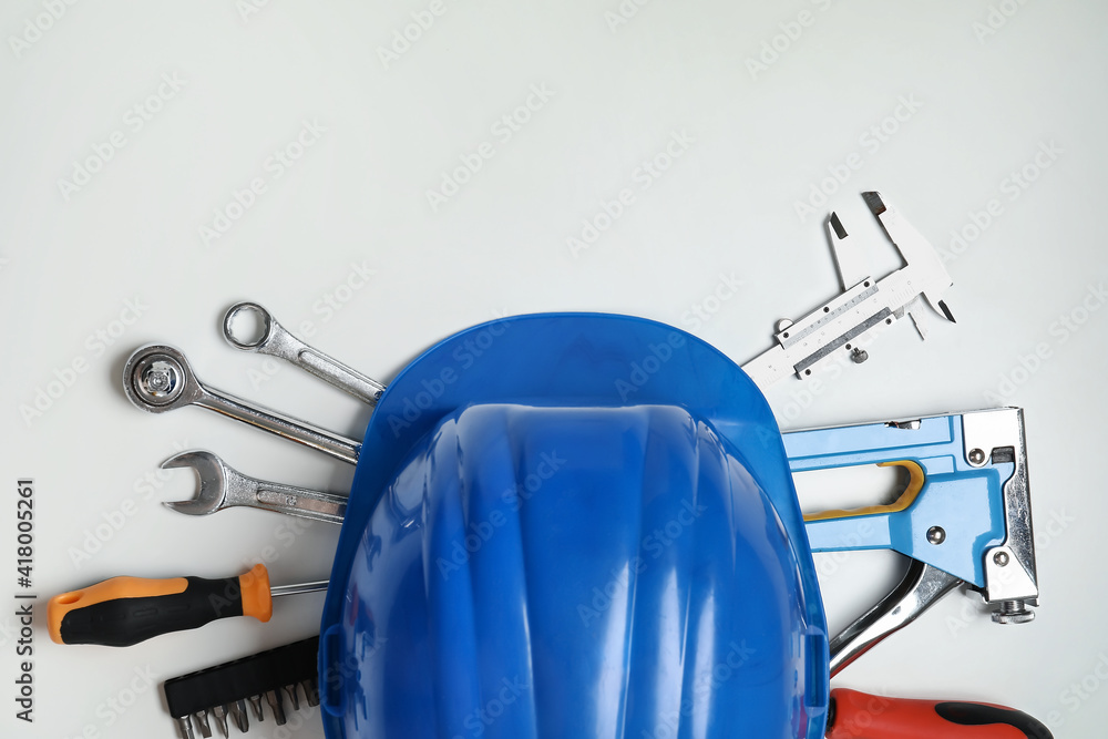 Set of construction tools on light background, closeup