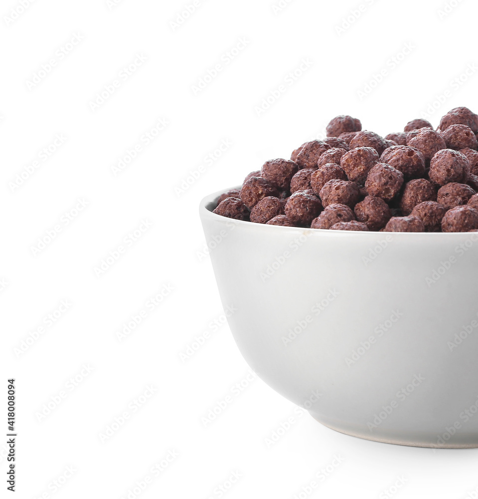 Bowl with chocolate corn balls on white background, closeup