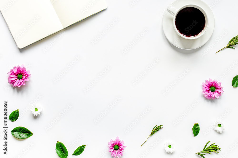 Flat lay with coffee and copybook top view mock up