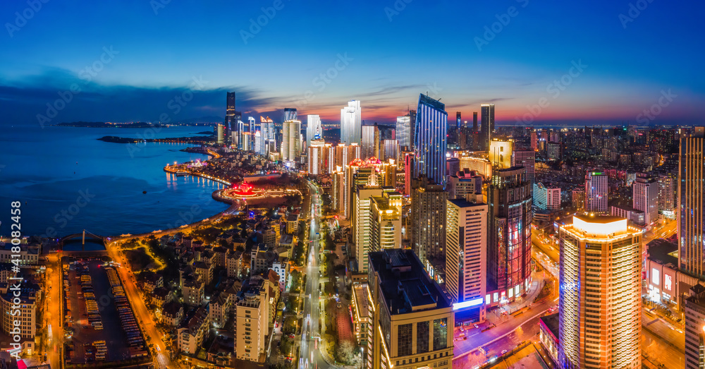 航拍中国青岛城市建筑景观夜景