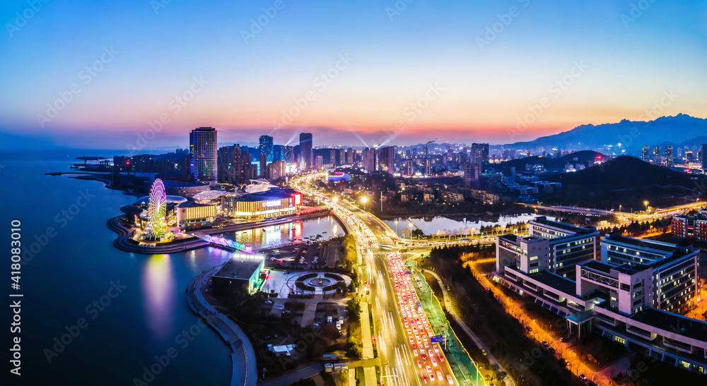 航拍中国青岛城市建筑景观夜景