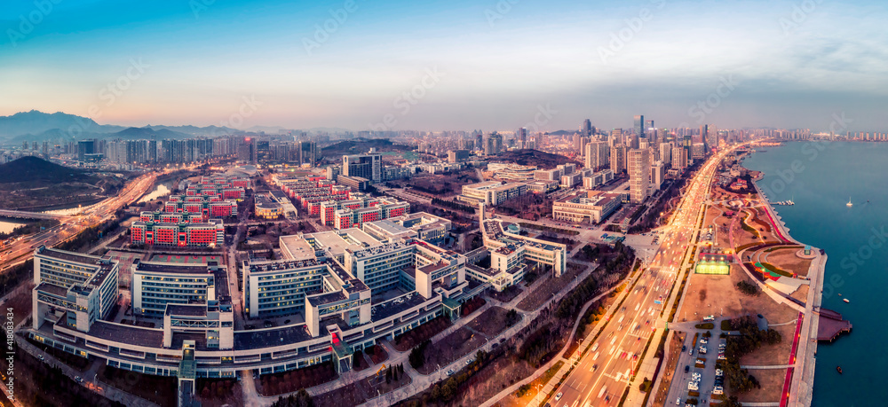 航拍中国青岛城市建筑景观夜景