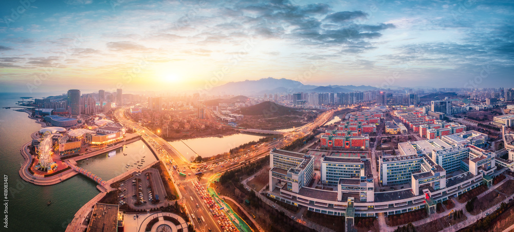 航拍中国青岛城市建筑景观夜景