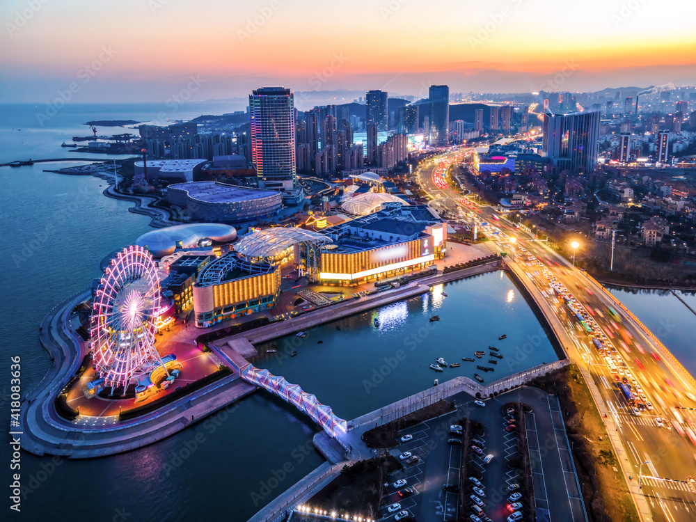 航拍中国青岛城市建筑景观夜景