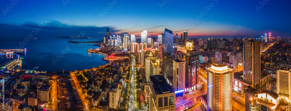 航拍中国青岛城市建筑景观夜景