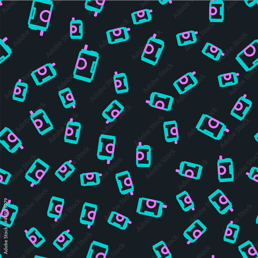 Line Soda can icon isolated seamless pattern on black background. Vector Illustration.