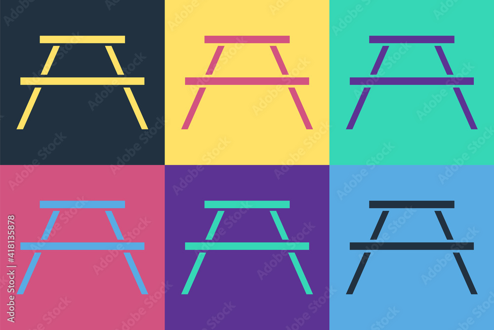 Pop art Picnic table with benches on either side of the table icon isolated on color background. Vec