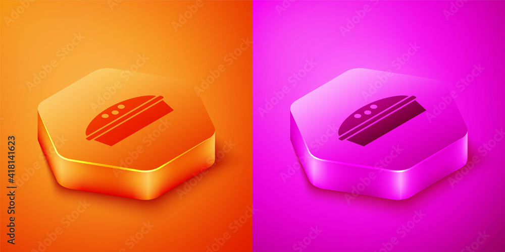 Isometric Homemade pie icon isolated on orange and pink background. Hexagon button. Vector.